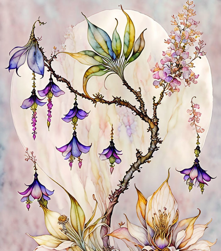 Whimsical tree illustration with purple bell-shaped blooms on pink backdrop