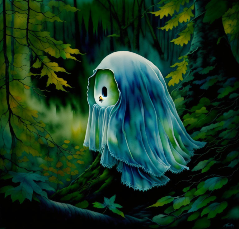 Mysterious ghostly figure with bird in dark forest