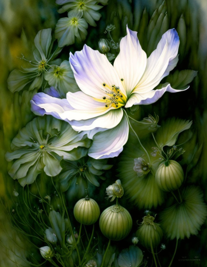 Colorful painting of white and pale yellow flower with green foliage.