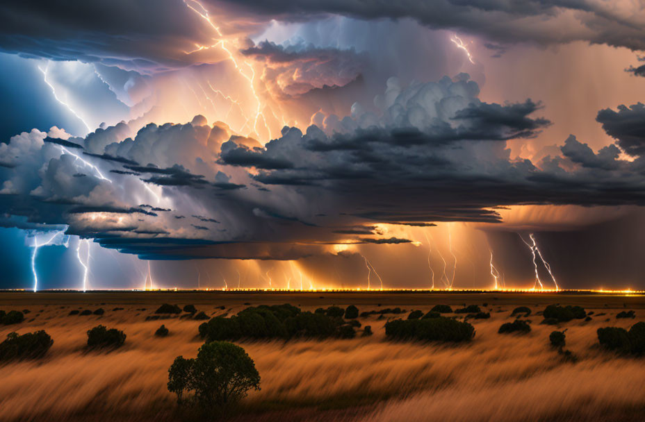 Dramatic thunderstorm with lightning strikes over golden savanna