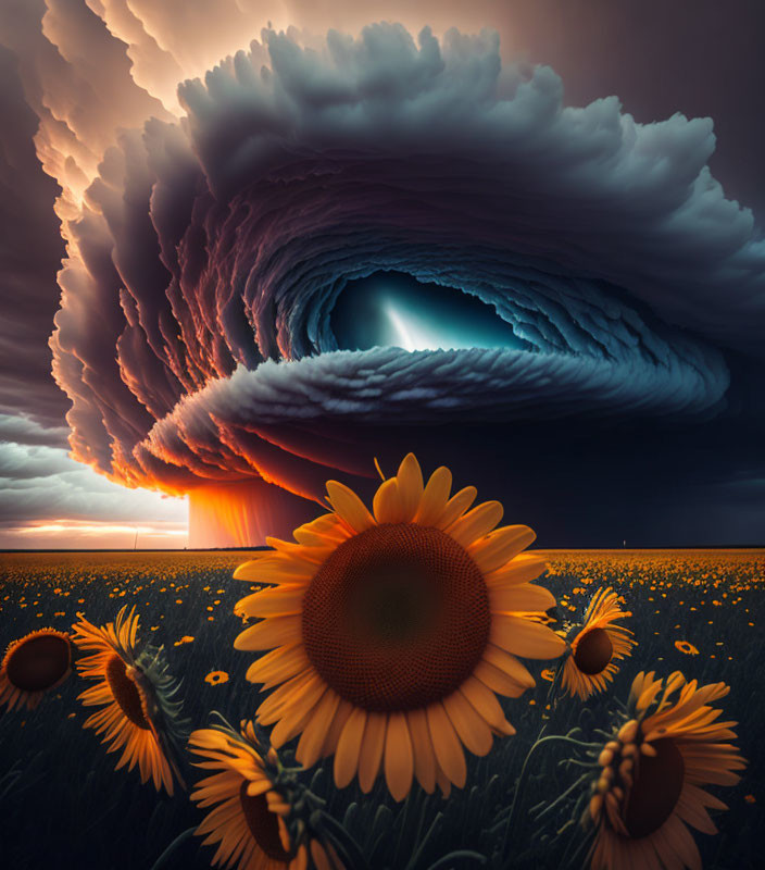 Sunflower field under swirling storm cloud and sunlight horizon