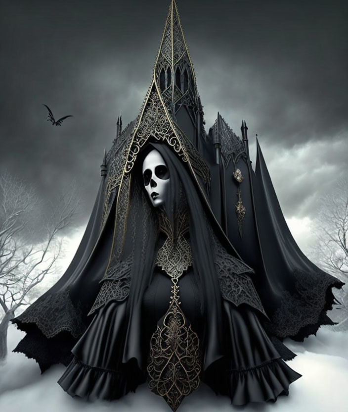 Gothic figure in skull face attire in misty landscape with raven