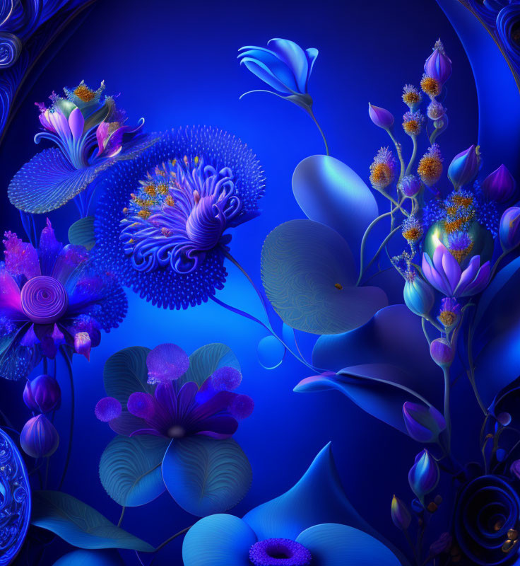 Vibrant Blue and Purple Flowers in Fantastical Botanical Scene