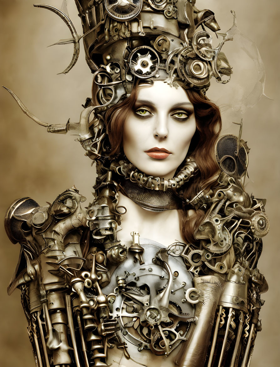 Steampunk-inspired woman in intricate metallic costume