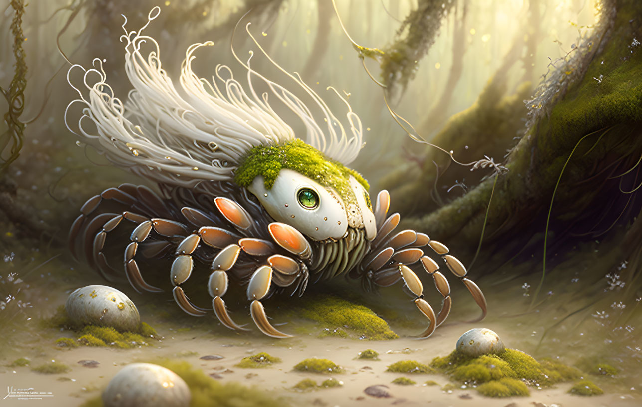 Fantastical creature with moss-like fur and tentacle legs in forest glade.