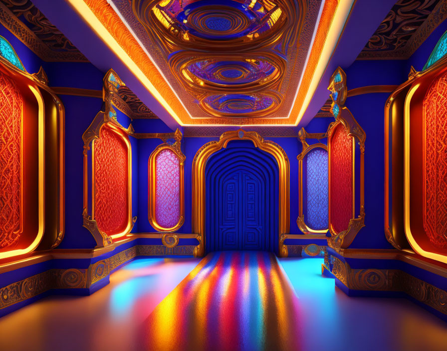 Ornate corridor with vibrant lighting, intricate patterns, reflective floors, and golden-trimmed ceiling