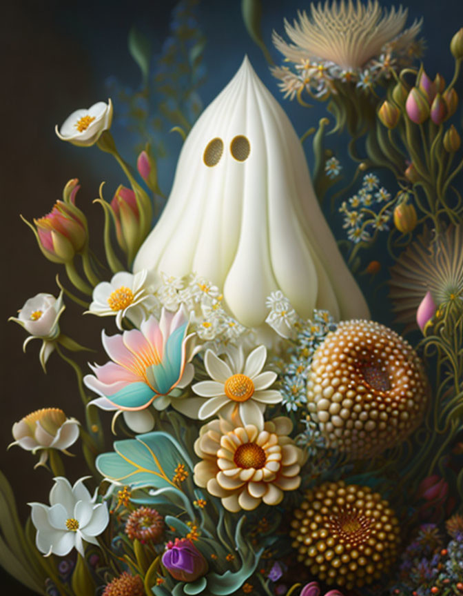 Colorful Illustration of Ghost-Like Figure Among Flowers