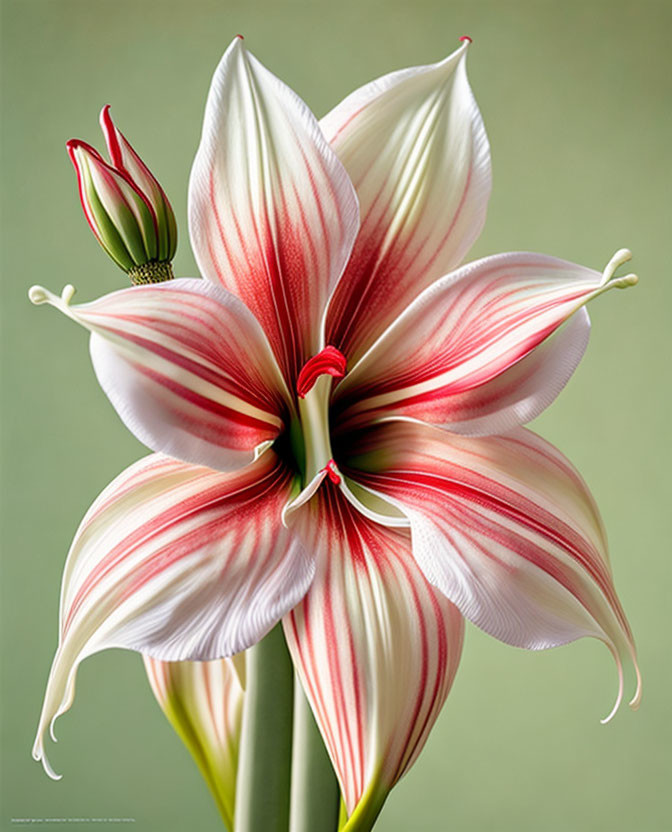 Striped white and crimson Hippeastrum flower with buds on green background