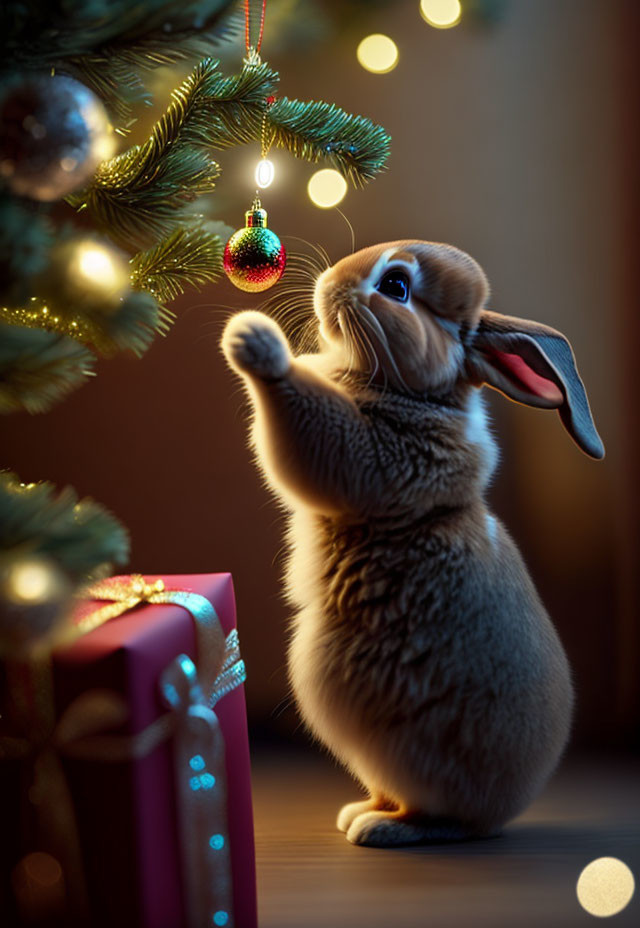 Brown rabbit reaching Christmas bauble on decorated tree