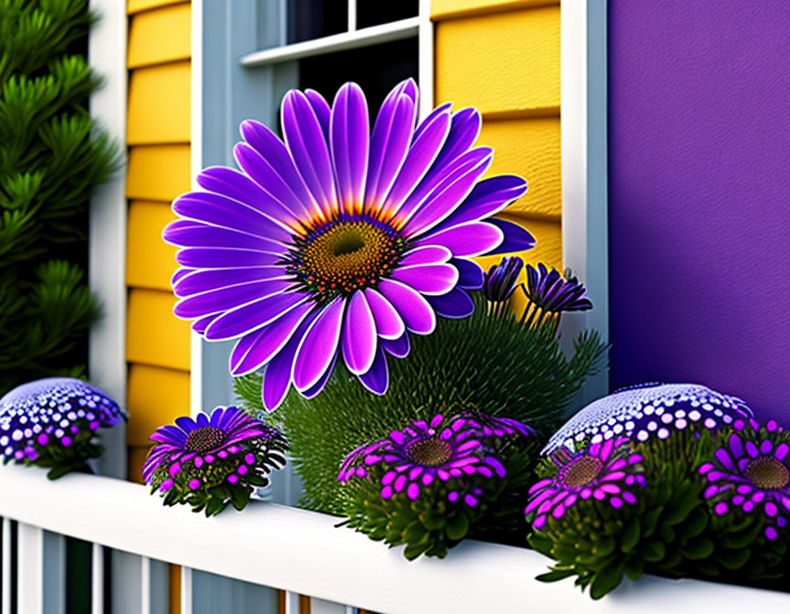 Purple Flower with Yellow Center on White Ledge Amid Colorful Background