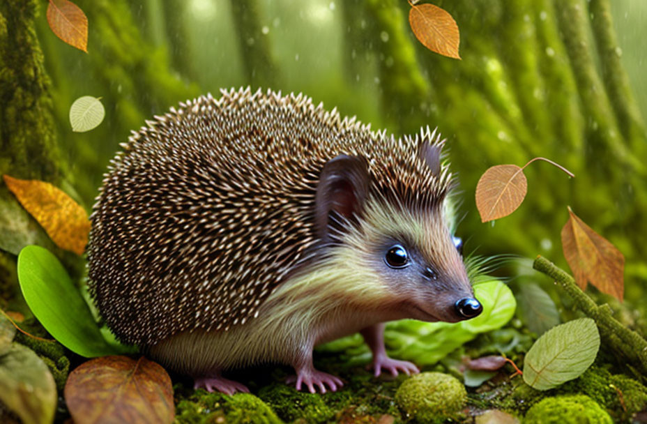 Curious hedgehog in lush green forest with falling leaves