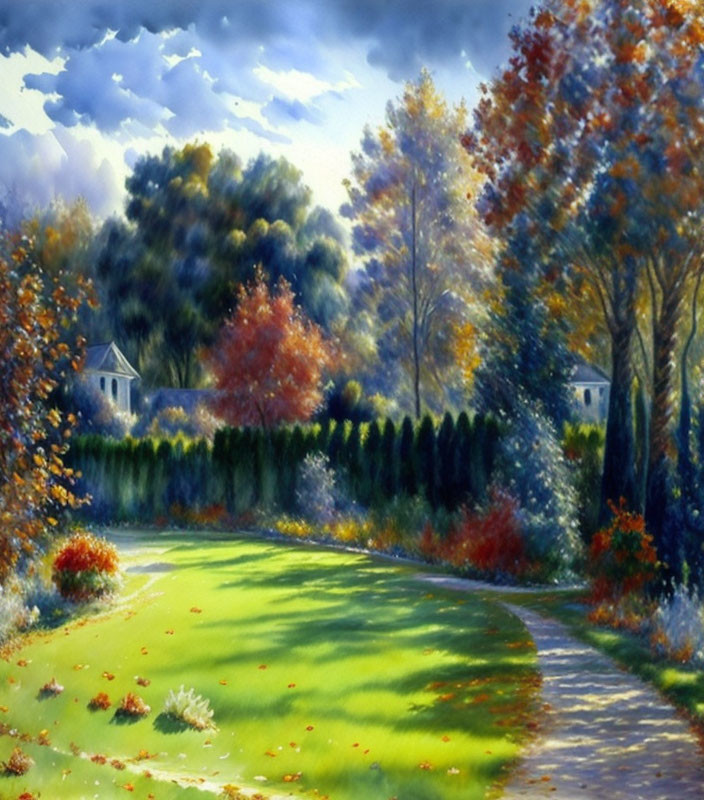 Tranquil autumn landscape with colorful trees, winding path, cottages, and cloudy sky