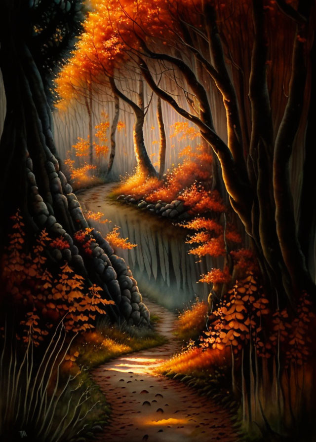 Mystical forest path with orange and yellow foliage