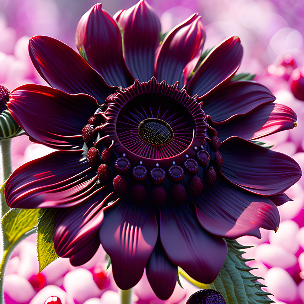 Detailed Purple Flower with Dark Center on Pink Bokeh Background