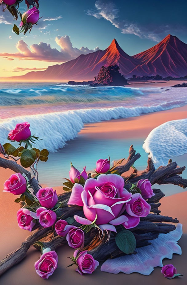 Surreal landscape with pink roses, crashing waves, and purple mountains