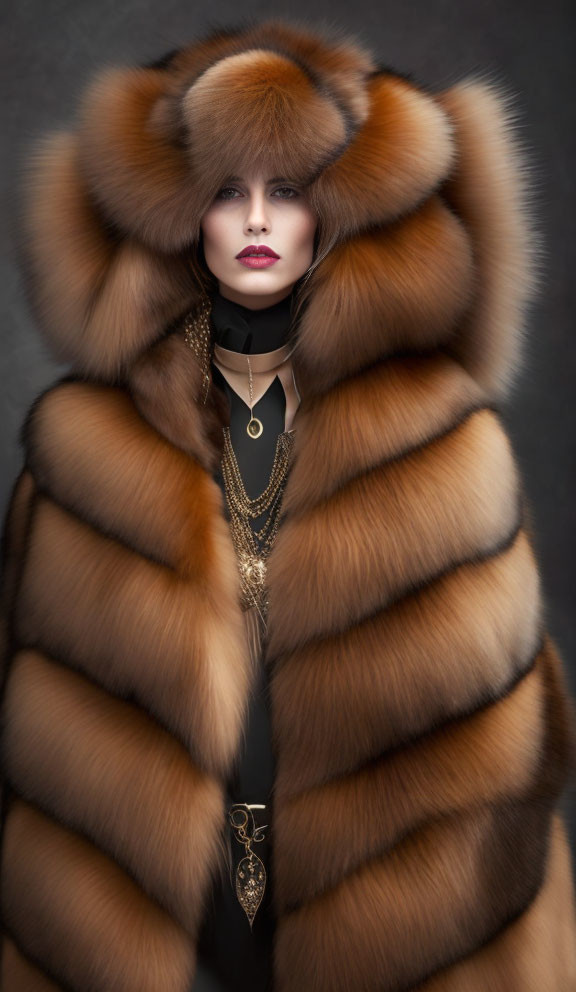 Woman with dark makeup, voluminous brown hair, fur coat, gold jewelry, black choker