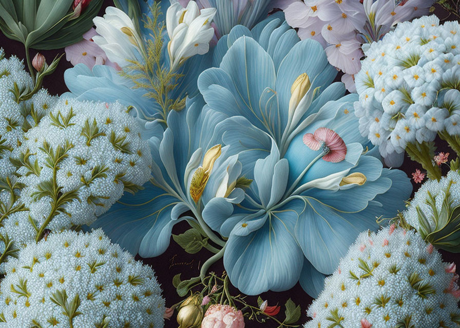 Hyper-realistic blue, white, and pink flowers on dark background