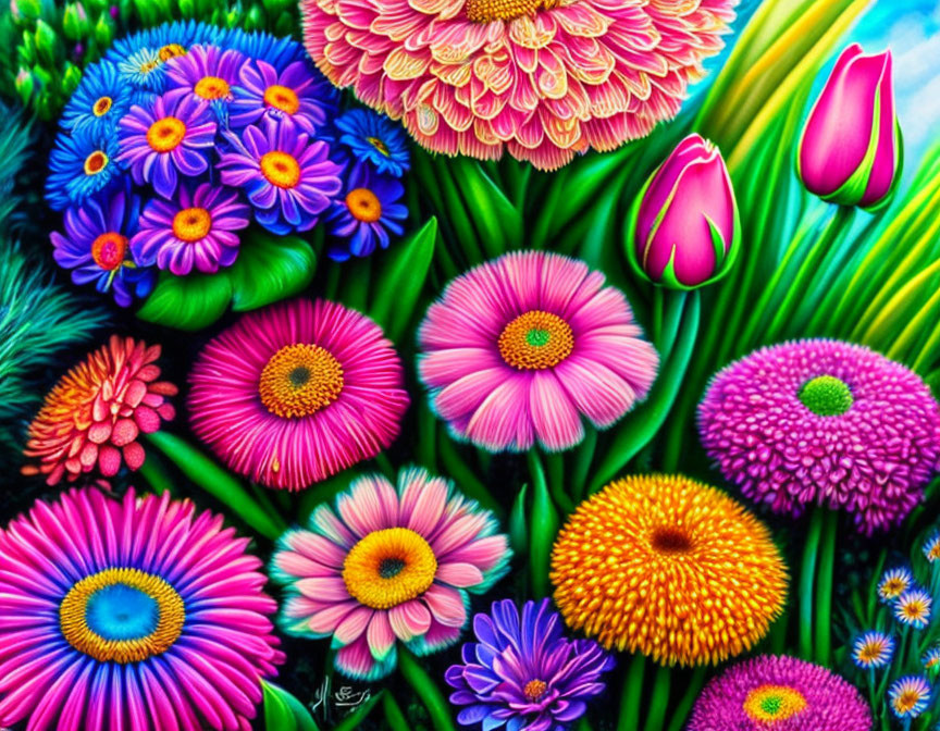 Colorful Stylized Flower Collection on Green Background