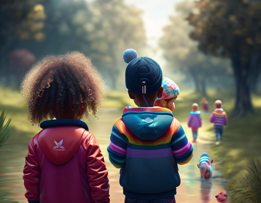 Children walking on path by water with mist and trees.