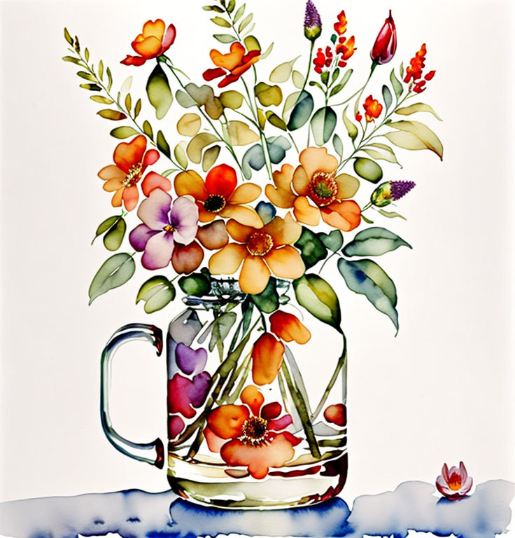 Colorful Watercolor Painting of Pitcher with Flowers and Leaves