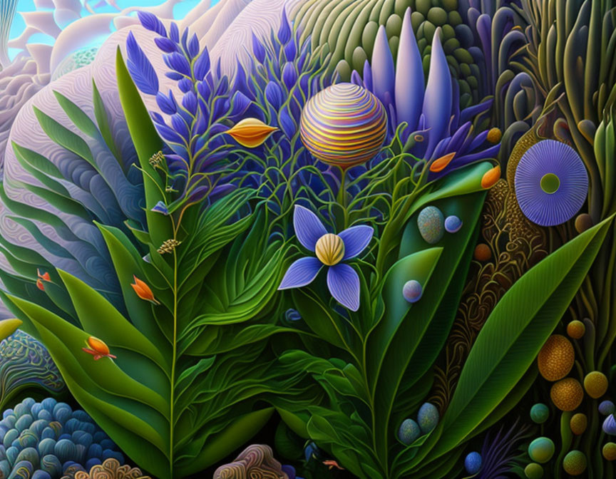 Surreal landscape with vibrant flora and spherical elements