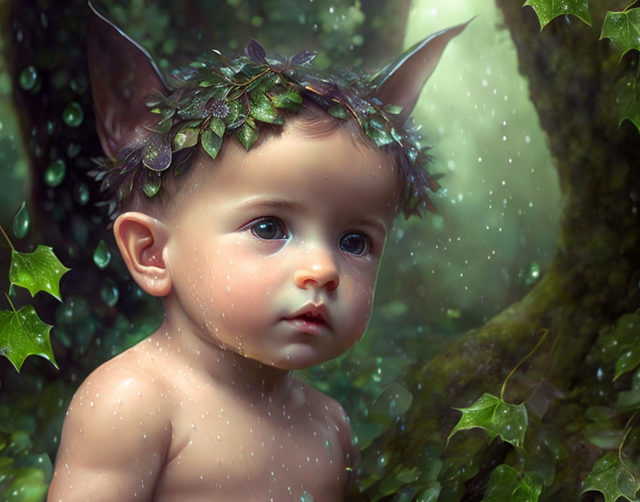 Mystical baby with pointed ears in leafy crown in lush forest