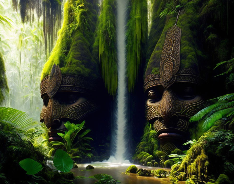 Mystical forest scene with tribal masks, greenery, and waterfall