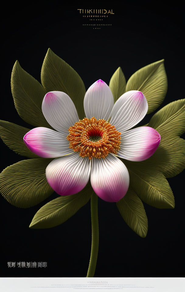 White Lotus Flower with Pink-Tipped Petals and Golden Center on Black Background with Stylized Text