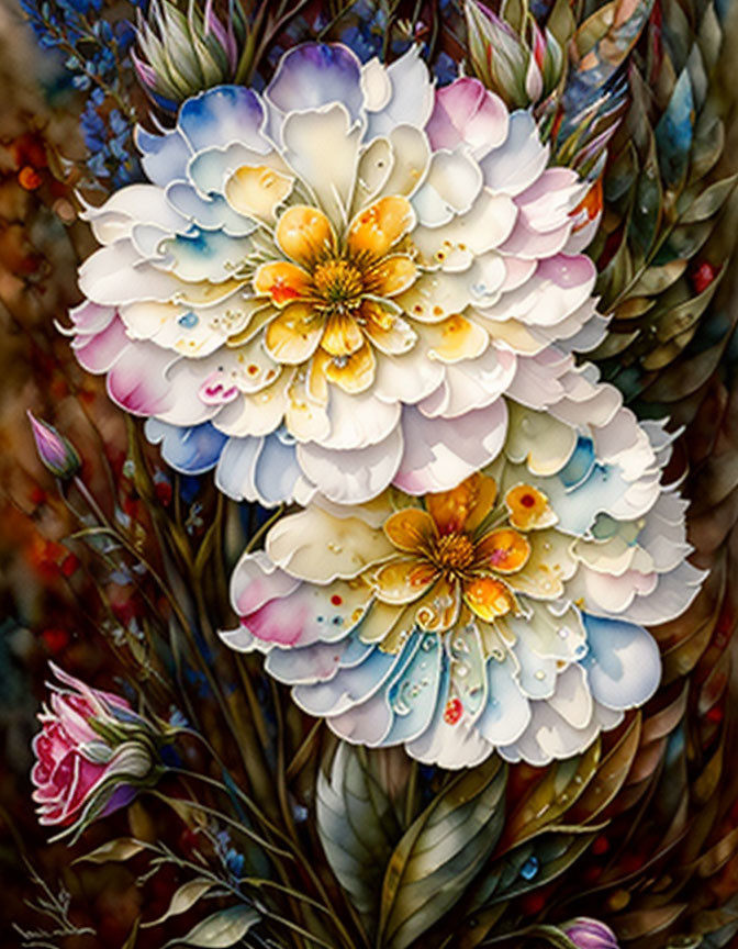 Colorful Floral Painting with Water Droplets and Intricate Layers