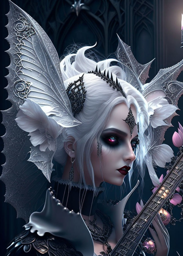 Fantasy character with pale skin, white hair, dark makeup, crown, butterfly wings, staff,