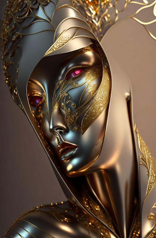 Golden filigree mask with gemstone accents on mannequin against warm backdrop