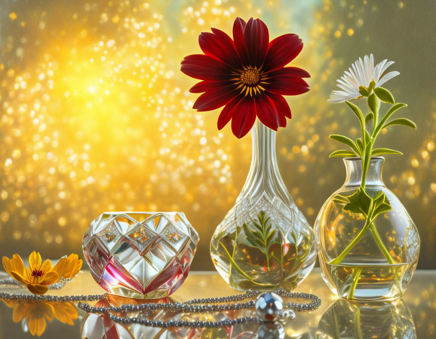 Red and white flowers in ornate vases with crystal heart on reflective surface against gold backdrop