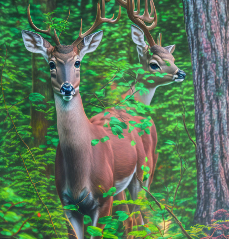 Forest scene: Two deer amid lush greenery