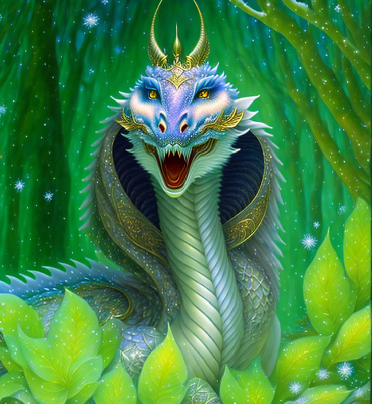 Vibrant digital illustration: Blue dragon with golden accents in green foliage.