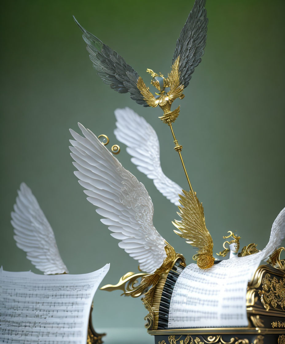 Golden Quill with Feathered Wings and Musical Notes on Open Book