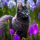 Blue-eyed cat in purple flower field gazes afar