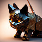 Stylized geometric cat with metallic surfaces and glowing orange eyes holding a sword