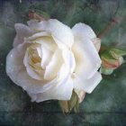 Detailed digital painting: Large white rose with cream center, dark green leaves, against night sky background.