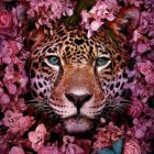 Tiger face with pink flowers and greenery, intense gaze