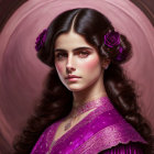 Digital portrait of woman with dark hair, roses, purple dress, gold accents, green eyes