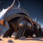 Futuristic metallic beetle creature in desert landscape