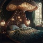 Whimsical bedroom with mushroom canopy bed, glowing lamps, petal bedding, night backdrop.