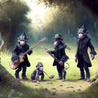 Anthropomorphic monkeys in gothic attire playing instruments in forest clearing