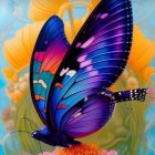 Colorful Blue Butterfly Among Pink and Yellow Flowers with Other Butterflies