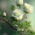 White Roses Bouquet with Golden Leaves in Reflective Gold Vase on Teal Background