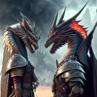 Intricately designed dragons with knight in armor under dramatic sky