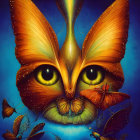 Colorful digital artwork featuring butterfly with human-like eyes and smaller butterflies on blue background