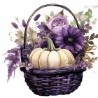 Purple and White Flower Basket with Pumpkins and Ribbon