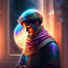 Medieval man in deep thought with glowing orb and cosmic backdrop.