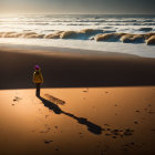 Solitary figure in yellow jacket on sandy shore with ocean waves and seaweed.